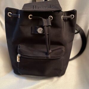 Harrods Black Nylon Drawstring Backpack with Front Zip Pocket